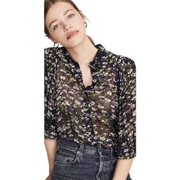 Ganni Women’s Georgette Button Black Floral Print Crepe Blouson top-size 34 XS - Picture 1 of 16